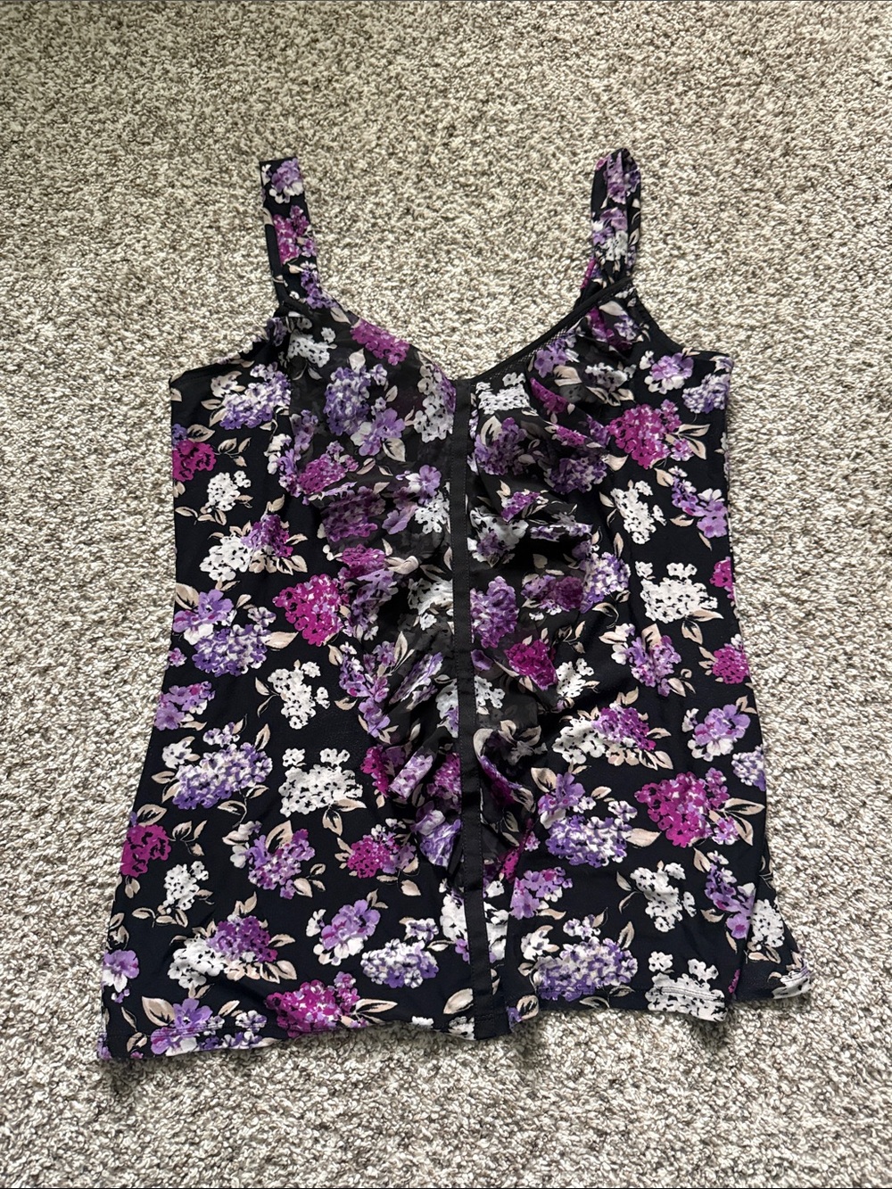 Floral Ruffle Front Sleeveless Camisole - Black with Purple & White Flowers